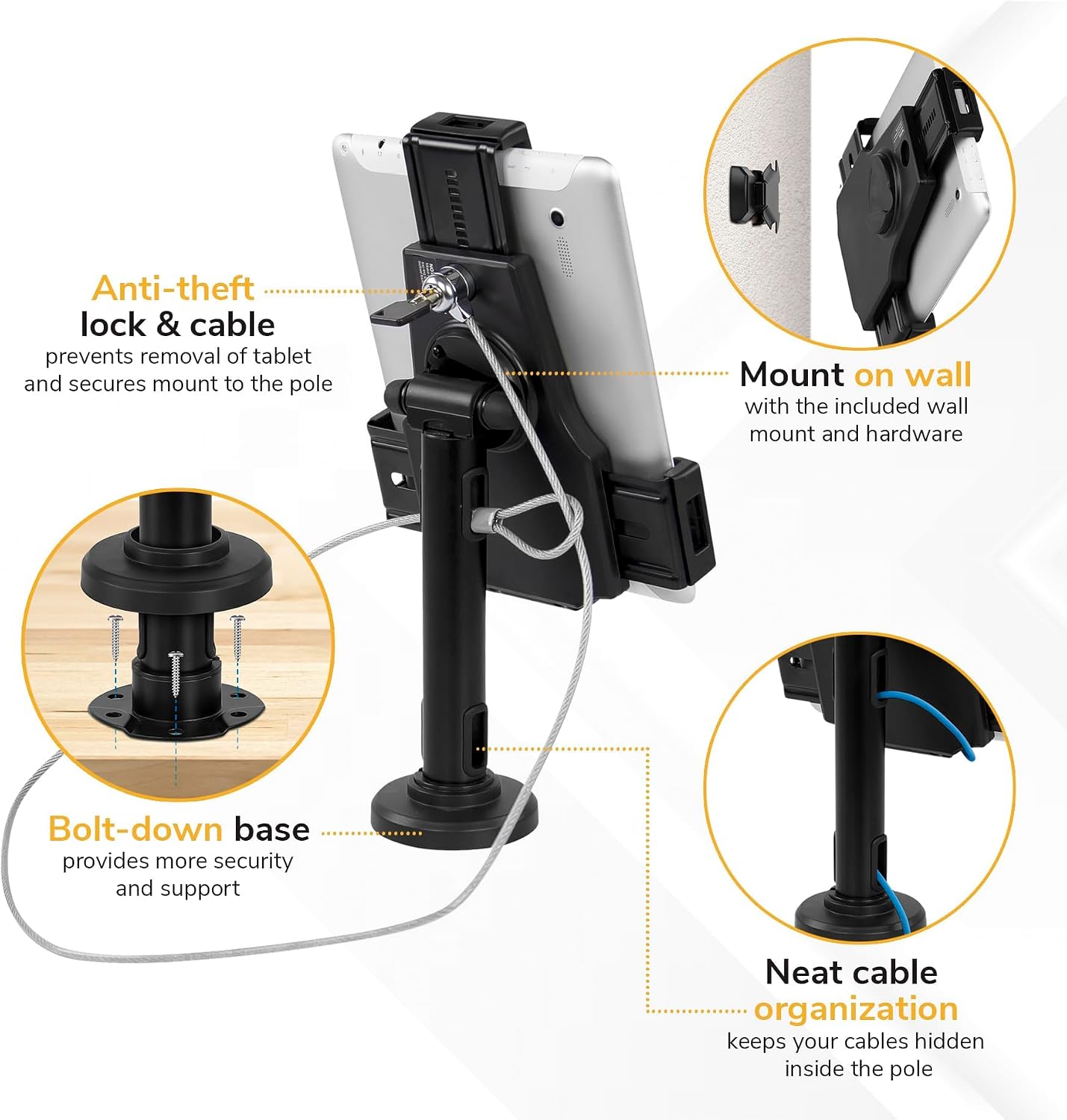 Universal Tablet POS Kiosk Stand with Cable Lock & Wall Mount Bracket, Adjustable Clamp for 7.9"–11" Tablets (Fits