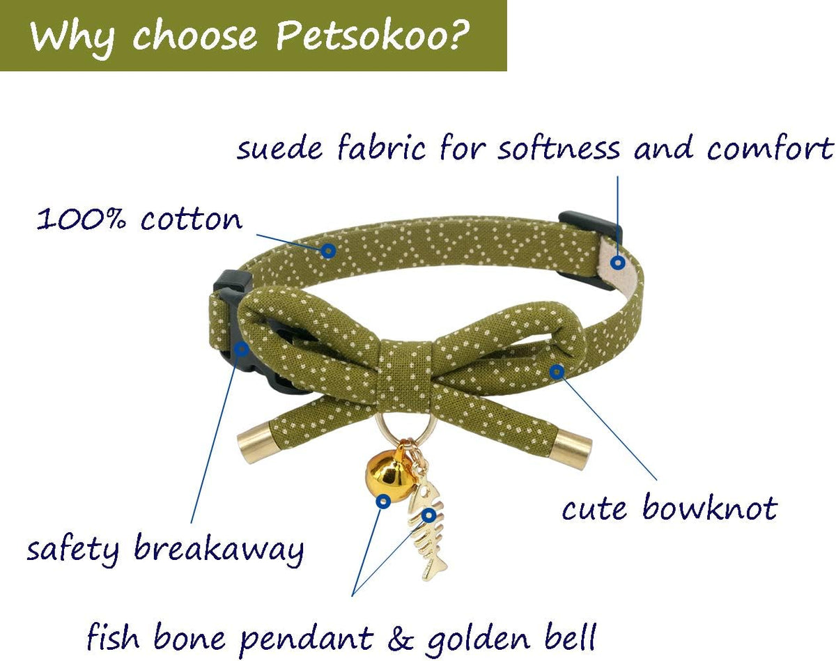 Cute Bowtie Cat Collar with Bell. Japanese Stylish Bowknot & Fish Charm. Safety Breakaway, Soft, Lightweight
