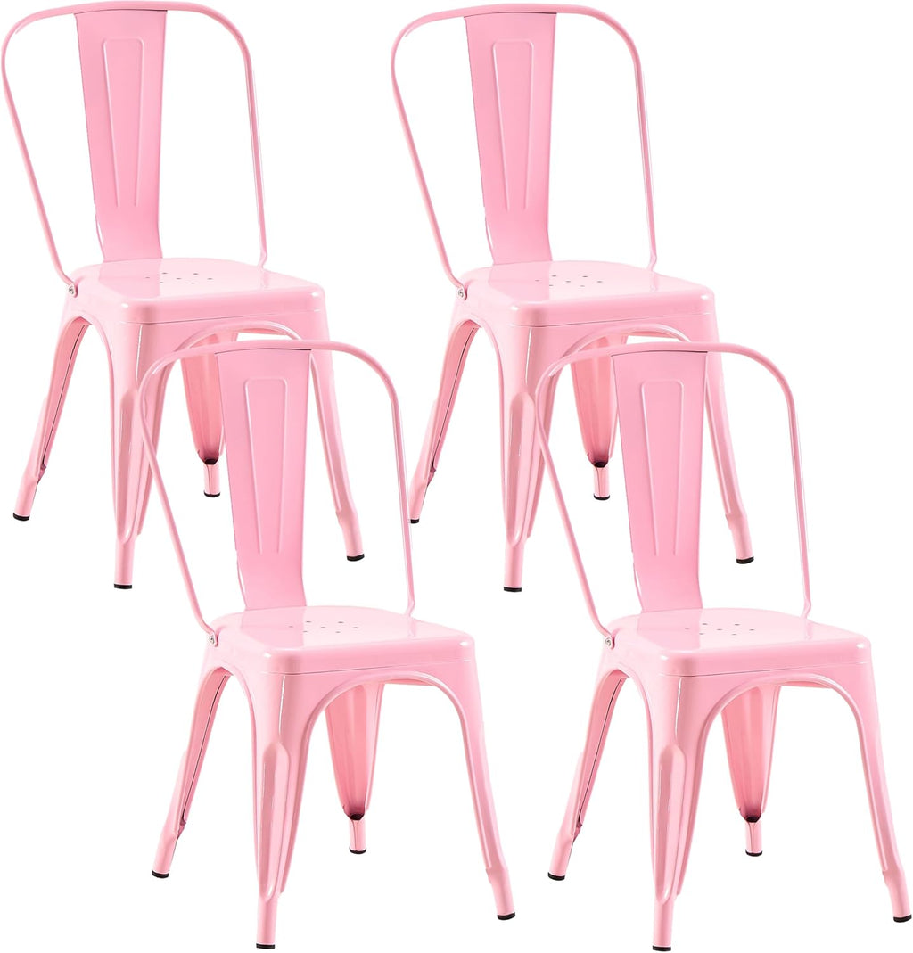 Metal Dining Chairs with Backrest, Stackable, Pink, 4 Pack