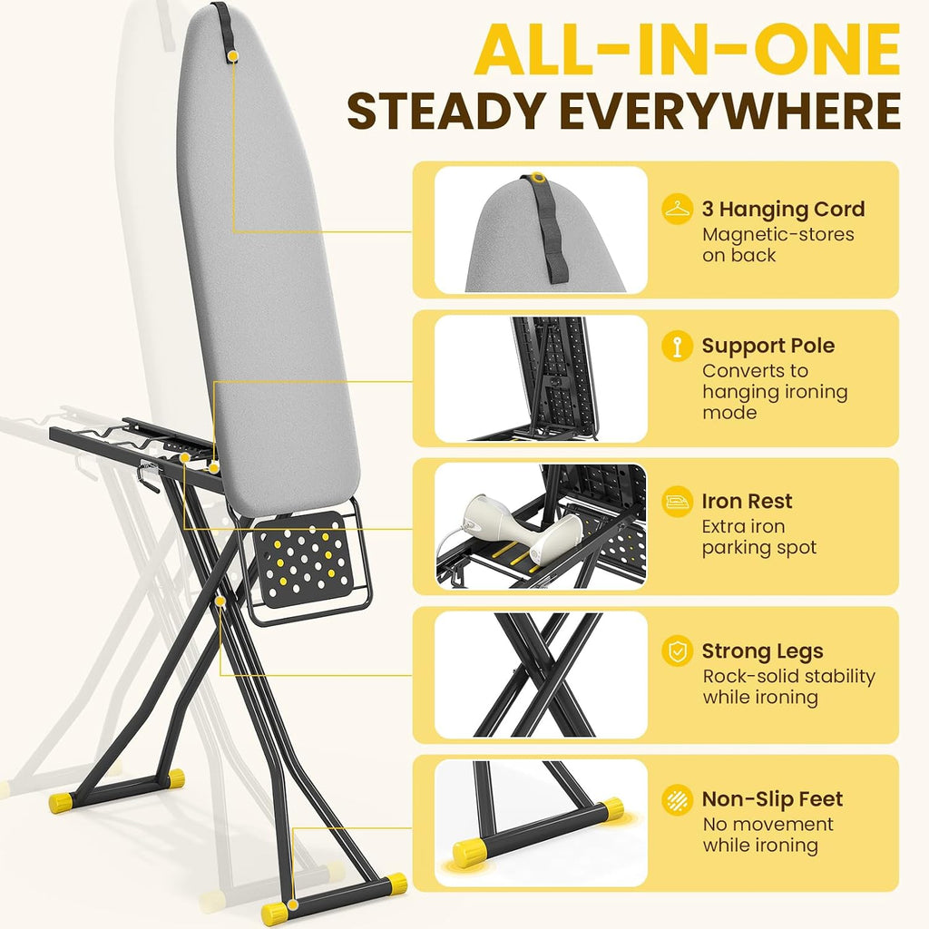 2-in-1 Stander & Steam Foldable Ironing Board with Iron Rest | 13 x 43 inchs, Height Adjustable, Alloy Structure