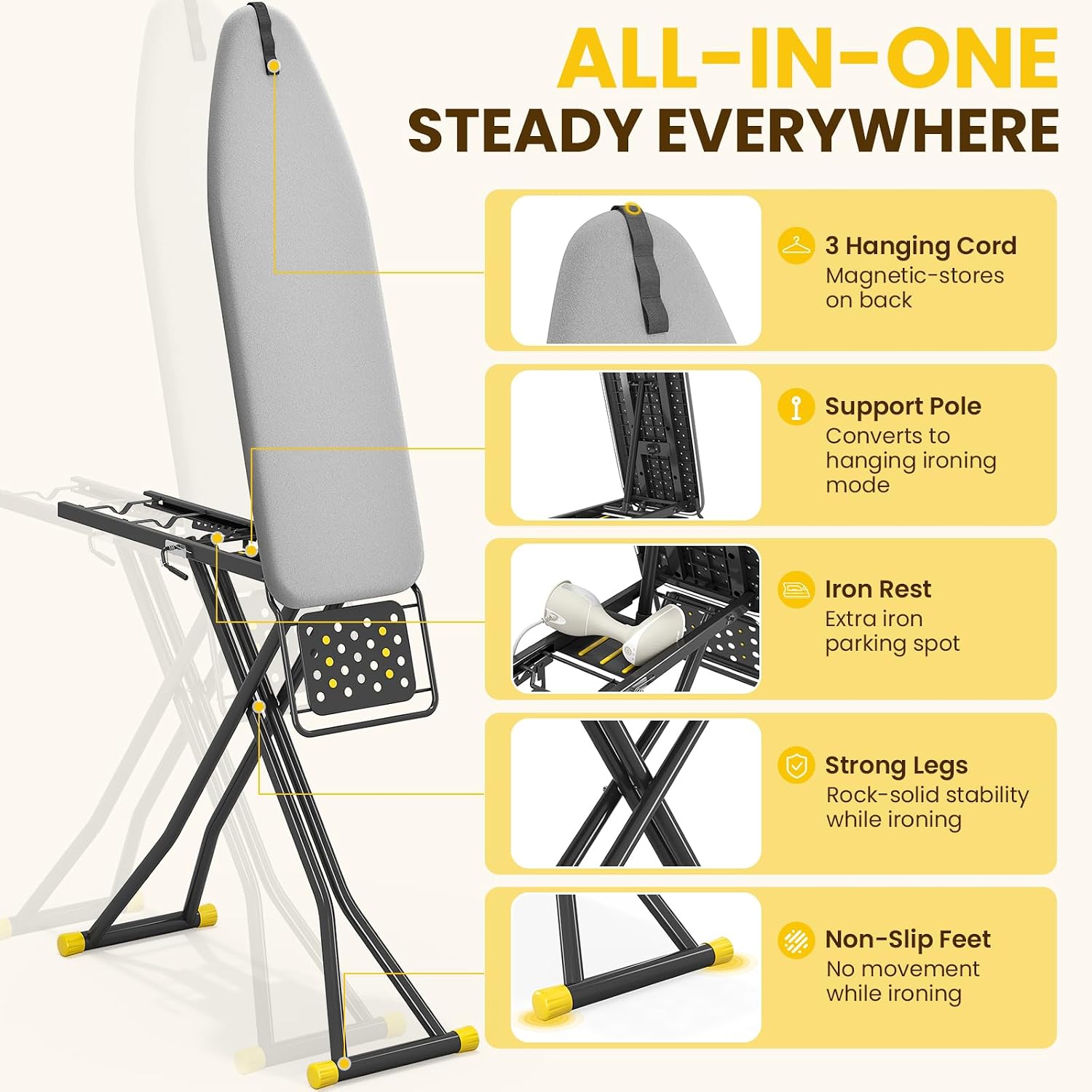 2-in-1 Stander & Steam Foldable Ironing Board with Iron Rest | 13 x 43 inchs, Height Adjustable, Alloy Structure
