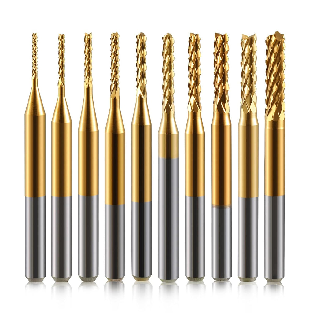 End Mill Sets,10Pcs Titanium Coat Ending Mill,1/8" Shank 0.8-3mm Micro End Mill Engraving Bits CNC Router Bits for Rotary Tools