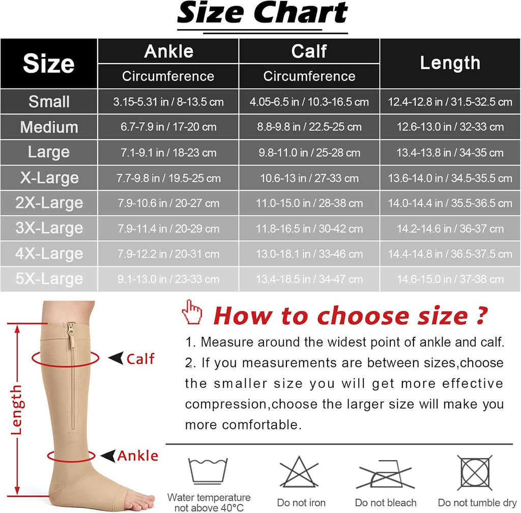 Zipper 20-30 mmHg Compression Socks for Women & Men, Knee High Open Toe