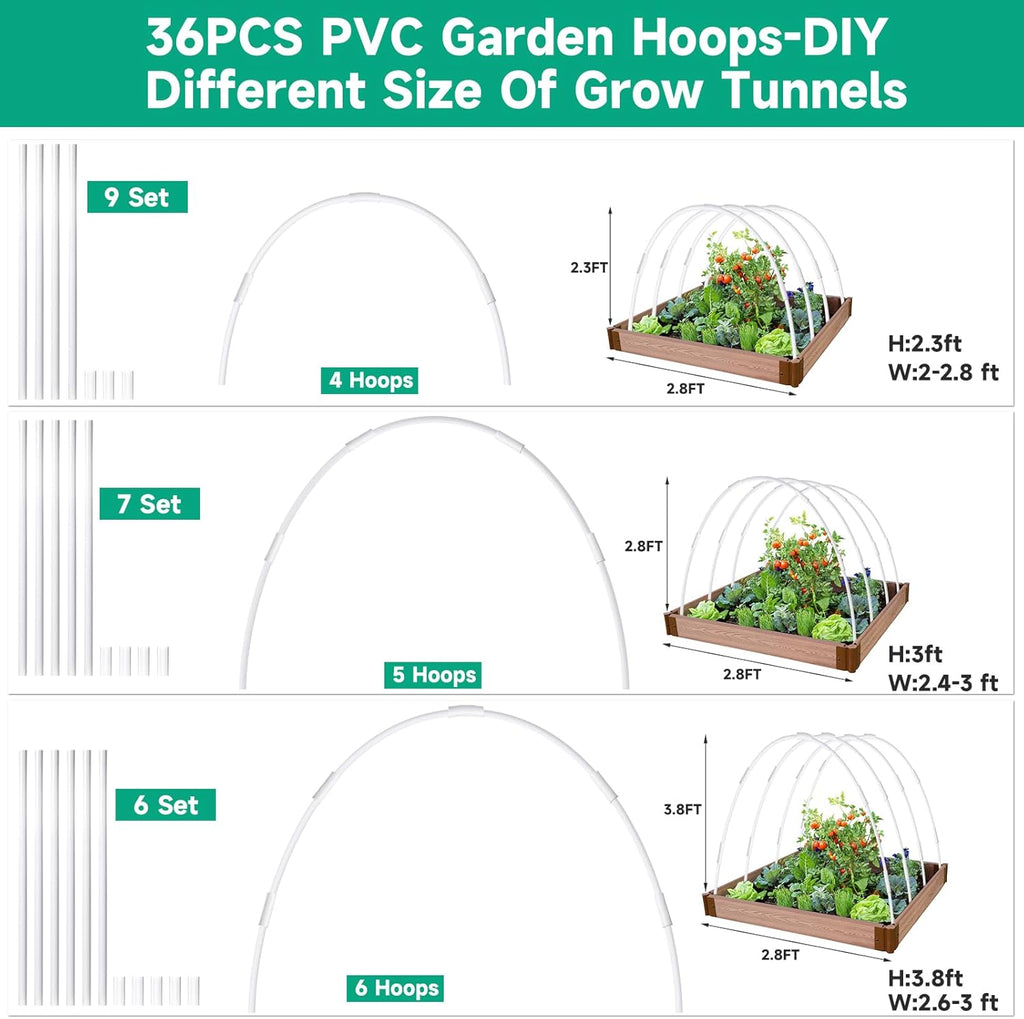 Greenhouse Garden Hoops for Raised Beds Plant Cover Netting, 36pcs PVC Adjustable Garden Hoop with 20 Clips for Shade