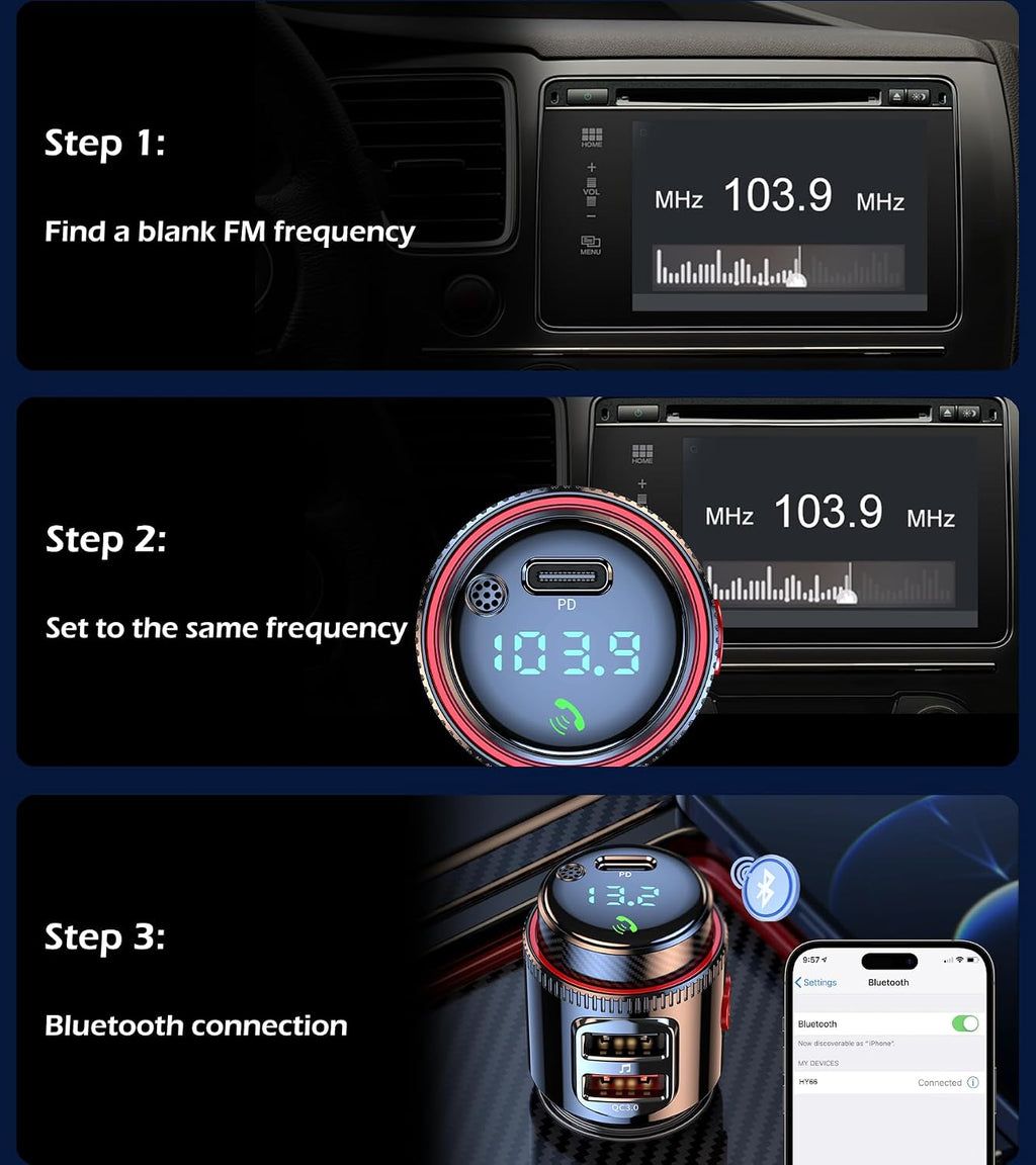 Bluetooth Car Adapter,HiFi FM Transmitter,48W Charger,Siri Assistant | Wireless 5.4 Radio Adapter with Fast