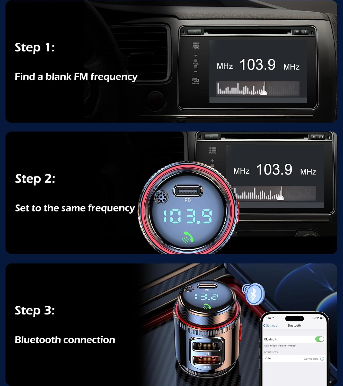 Bluetooth Car Adapter,HiFi FM Transmitter,48W Charger,Siri Assistant | Wireless 5.4 Radio Adapter with Fast