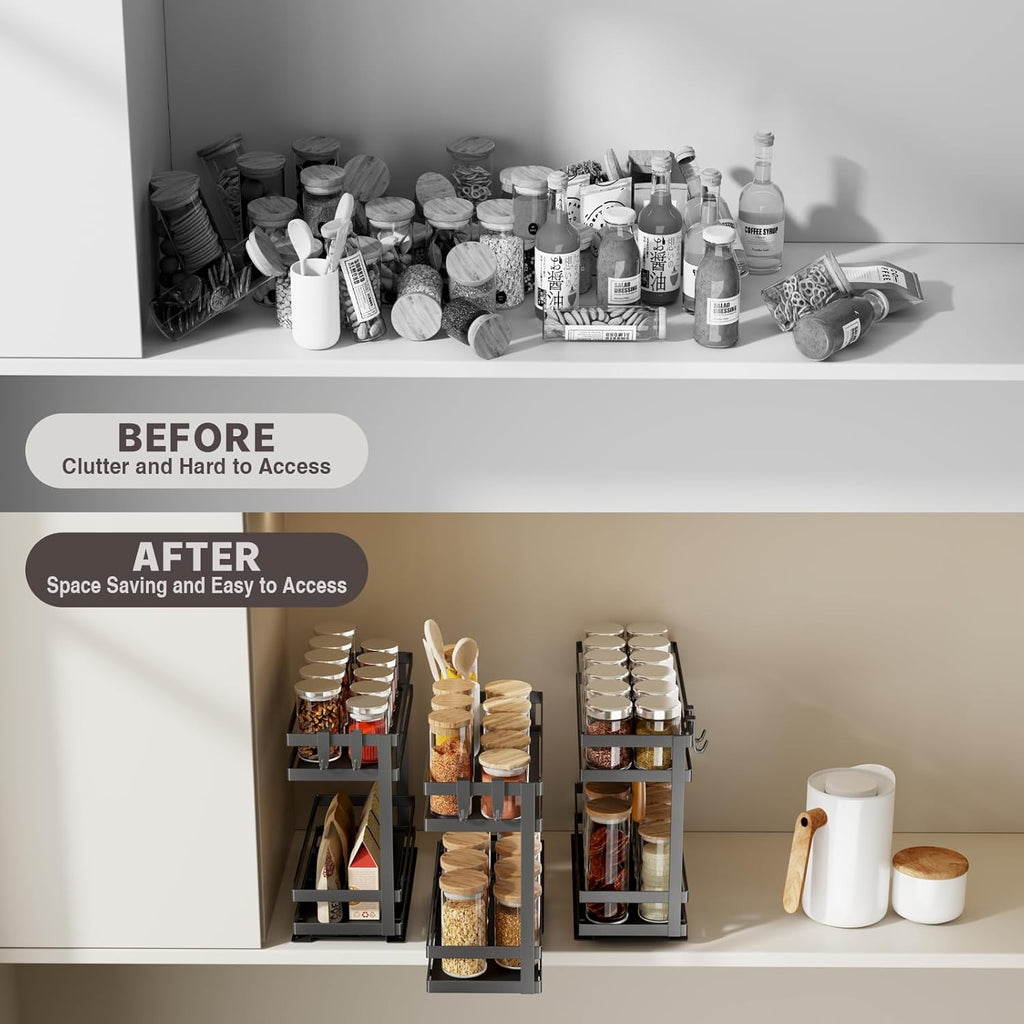 Pull Out Spice Rack Organizer for Cabinet, 2 Pack Metal Seasoning Organizer Slide Out Spice Storage Shelf No Assembly
