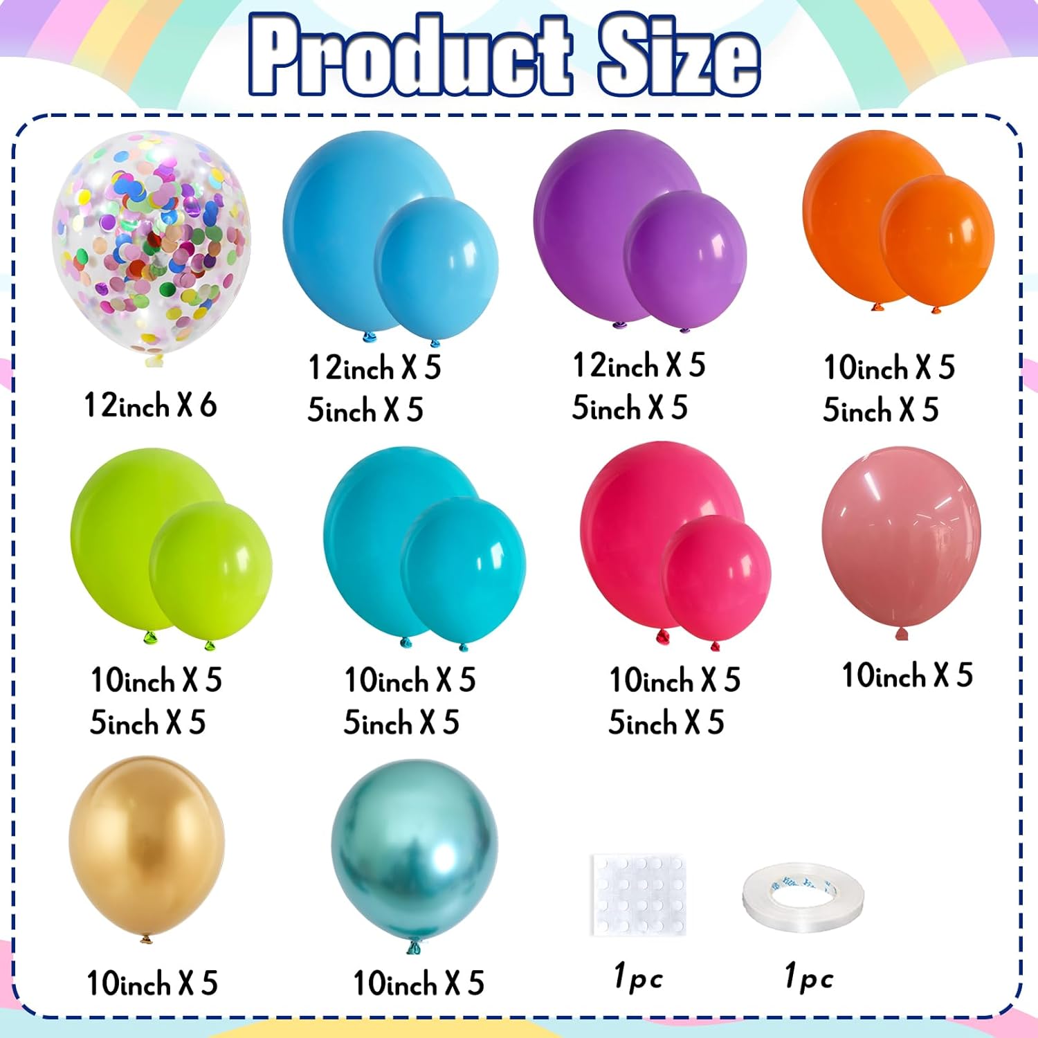 Multicolor Neon Balloon Arch Garland Kit, Assorted Color Blue Purple Orange Green Pink Green Gold Rainbow Balloon