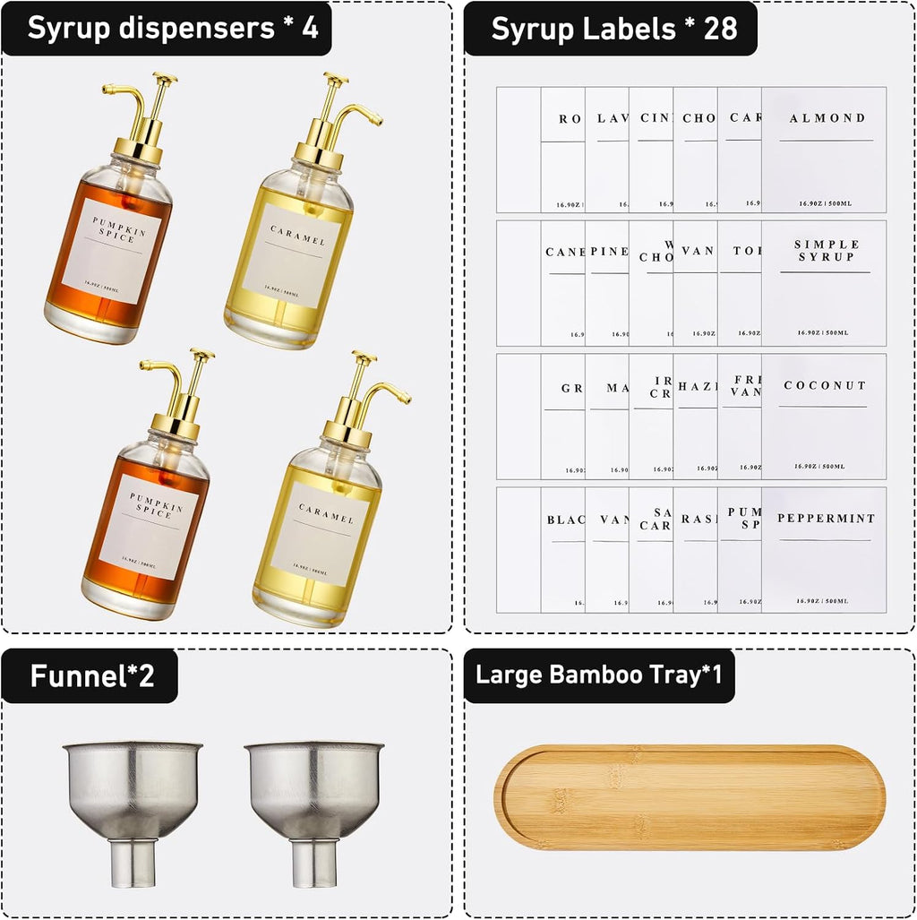 Coffee Syrup Dispenser for Coffee Bar with Gold Upgraded Pump, 4 Pack