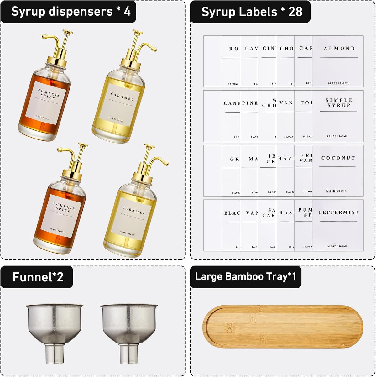 Coffee Syrup Dispenser for Coffee Bar with Gold Upgraded Pump, 4 Pack