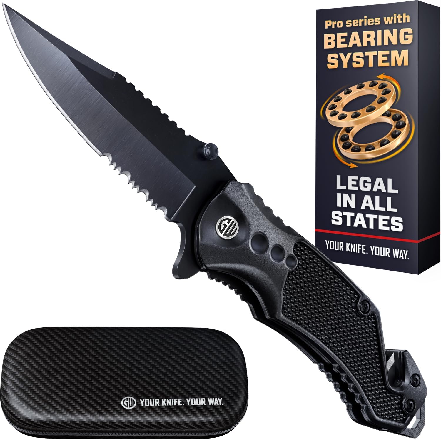 Legal Pocket Knife with 2.95” Serrated Blade, Glass Breaker, Seat Belt Cutter - EDC Sharp Folding Knives with