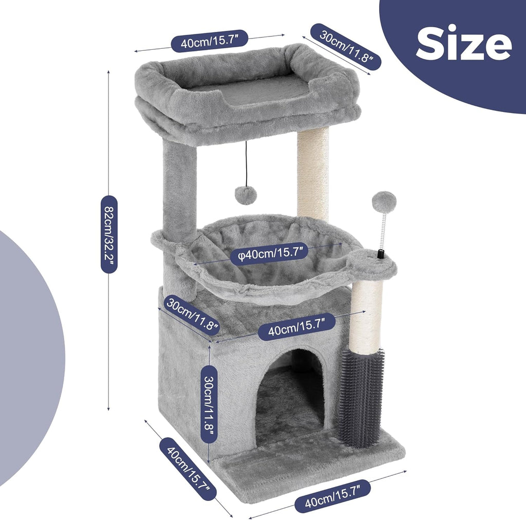Cat Tree 32 Inches Small Cat Tower with Large Hammock Dia 15.7”,Self Groomer, Fully Scratching Post, Removable Top