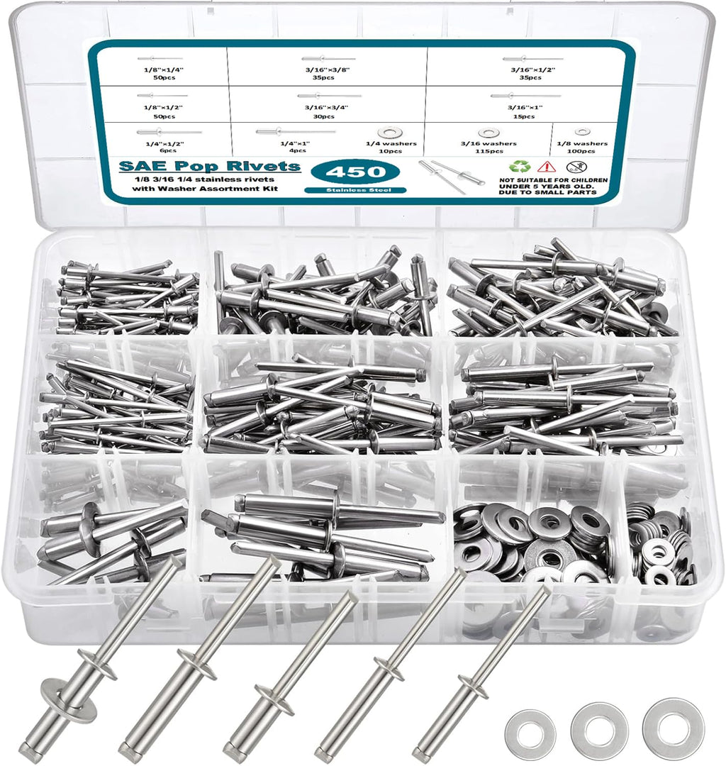 450Pcs 304 Stainless Steel Pop Rivets with Washers Assortment Kit,1/8" 3/16" 1/4" Assorted Blind Rivets 8 SAE