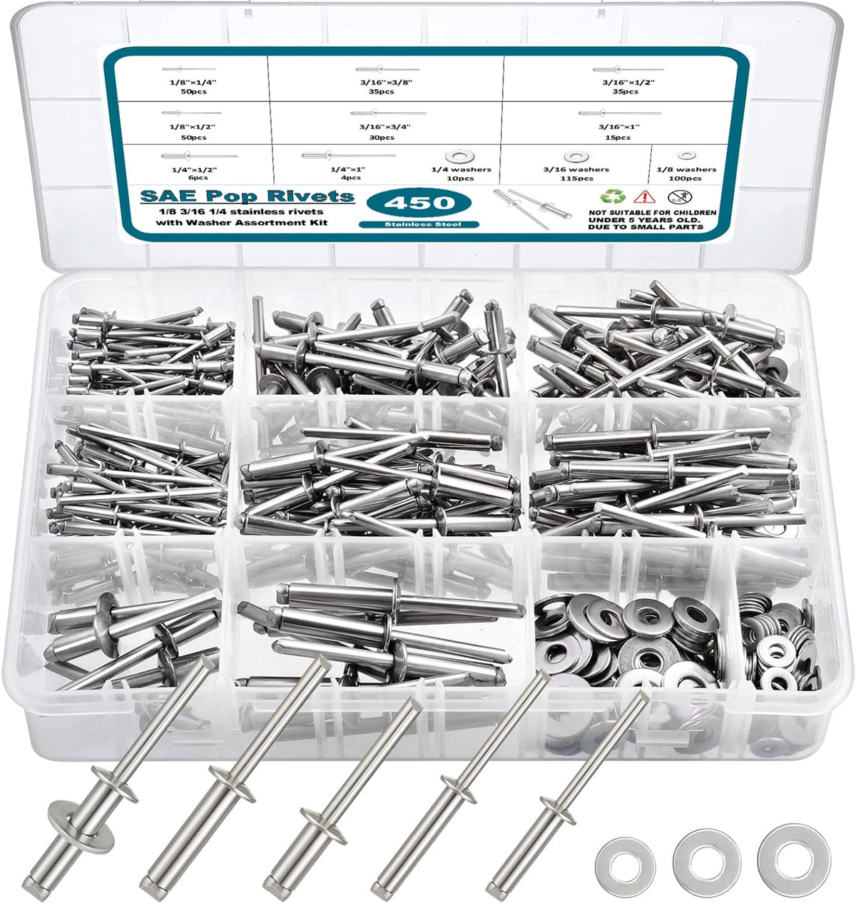 450Pcs 304 Stainless Steel Pop Rivets with Washers Assortment Kit,1/8" 3/16" 1/4" Assorted Blind Rivets 8 SAE