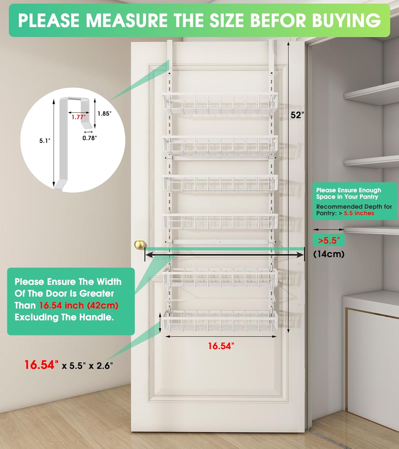 Over The Door Pantry Organizer, Wall Mount Spice Rack, Pantry Hanging Storage and Organization, 6 Adjustable Baskets