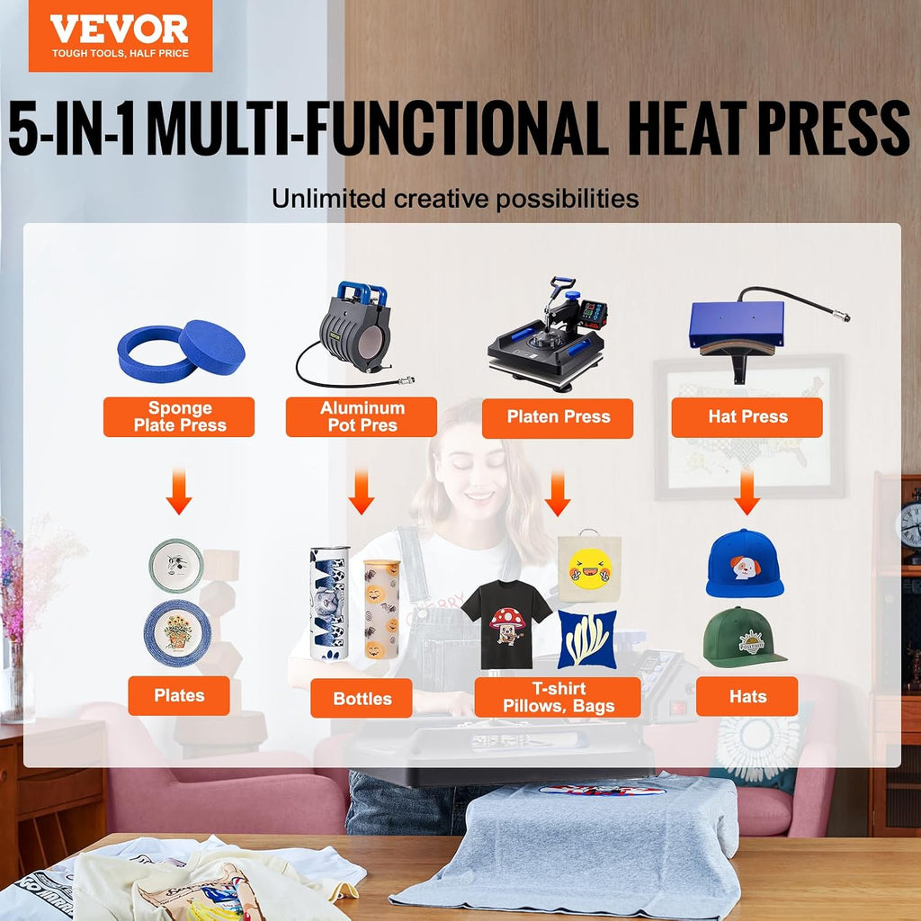 Heat Press Machine 15x15 in Upgrade 5 in 1 Heat Transfer Machine Blue | Multifunction Transfer Machine Sublimation