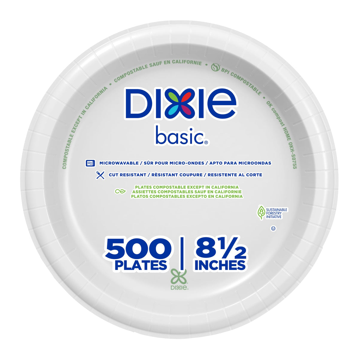 Dixie Basic 8.5 Inch Light-Weight Paper Plates By GP PRO, White, 500 Count (125 Disposable Plates Per Pack, 4 Packs