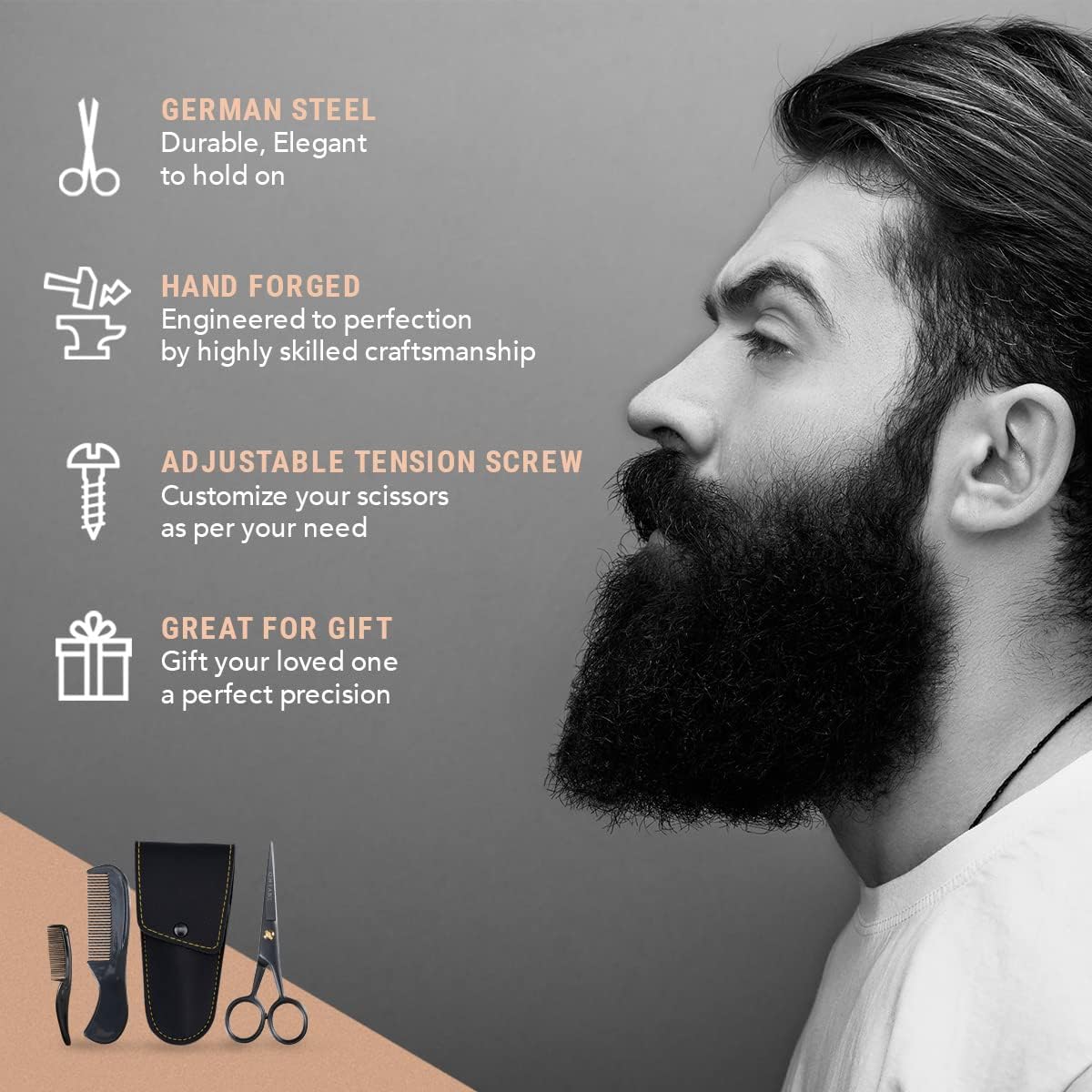 Mustache Scissors - 5-Inch, Black - Bevel-Edge Precision & Beard Trimming Scissors - Complete Kit with Mustache Comb