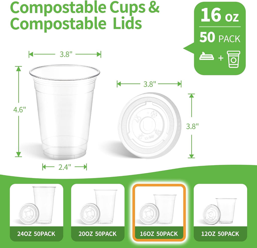 16 OZ Compostable Clear Plastic Disposable Iced Coffee Cups with Flat Lids, Biodegradable Cold Drinking To Go Coffee