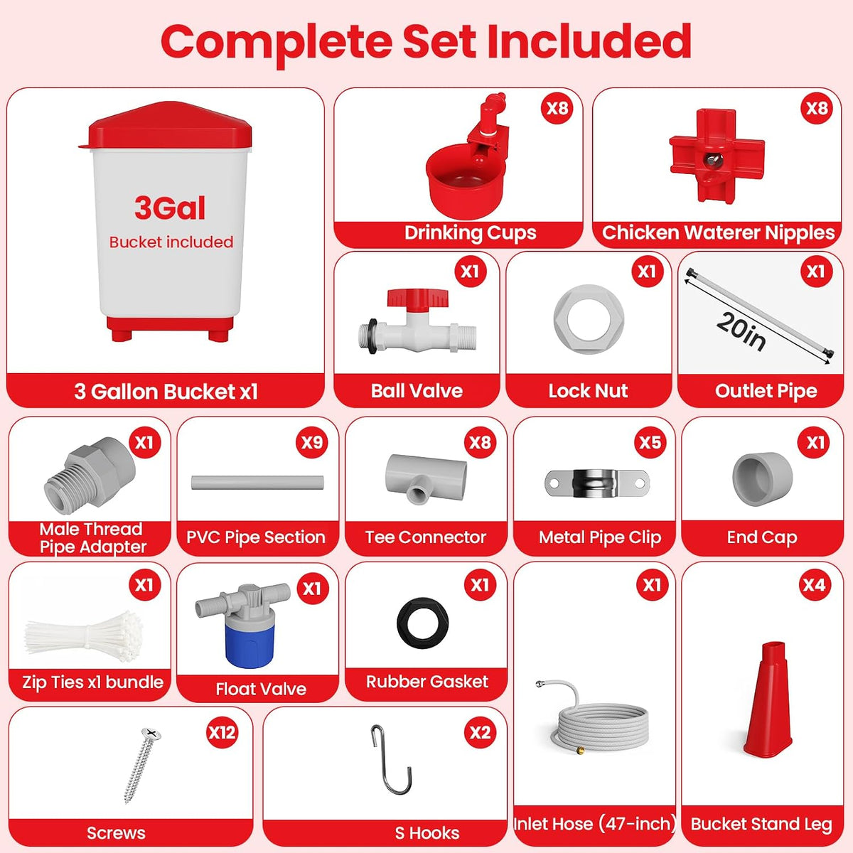 Complete Set Pipeline Automatic Chicken Waterer System, 3 Gallon Poultry Waterer with 8 Drinking Cups, 8 Nipples, 47"