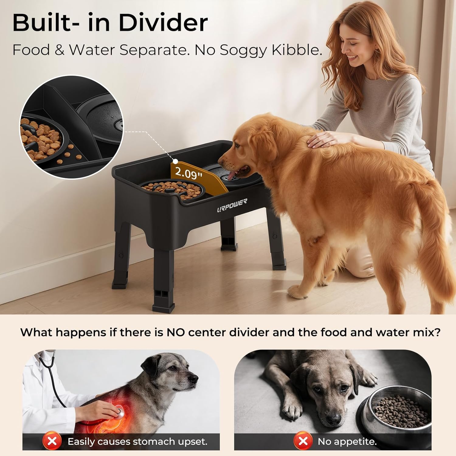 Mess Proof Elevated Dog Bowls 4 Height Adjustable Raised Stand with No Spill Water Bowl and Slow Feeder Dog Bowls