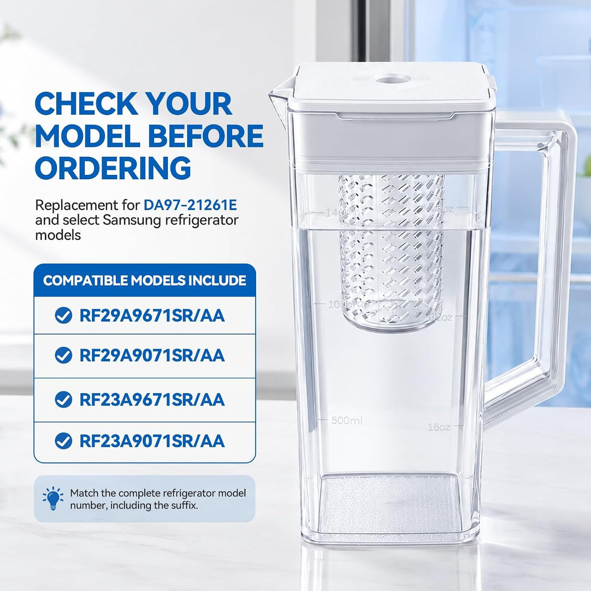 DA97-21261E Refrigerator Water Pitcher Compatible with samsung RF29A9671SR, RF29A9071SR, etc Series Refrigerator Water Pitcher Assembly, No Leak, Includes 2 Extra Sealing Rings，(Replace: DA97-21261B)