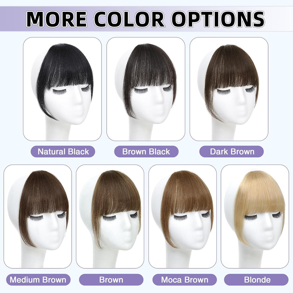 Clip in Bangs Real Human Hair Wispy Bangs Hair Clip, Brown Black | Soft Layered Fake Bangs, Fringe with Temples