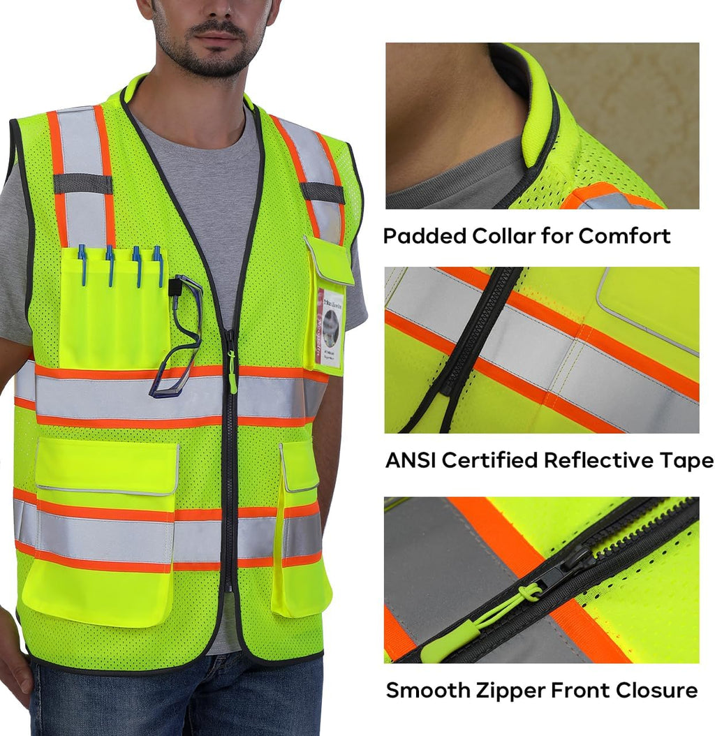 Hi Vis Reflective Safety Vest for Men Women Yellow Mesh/Orange XL | High Visibility Construction Work Vest with