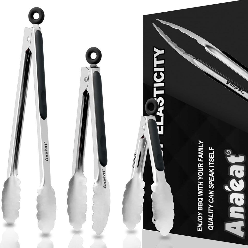 Premium Kitchen Locking Tong Set of 3 - Heavy Duty Stainless Steel Food Tongs with Long Handle & Non-Slip Silicone