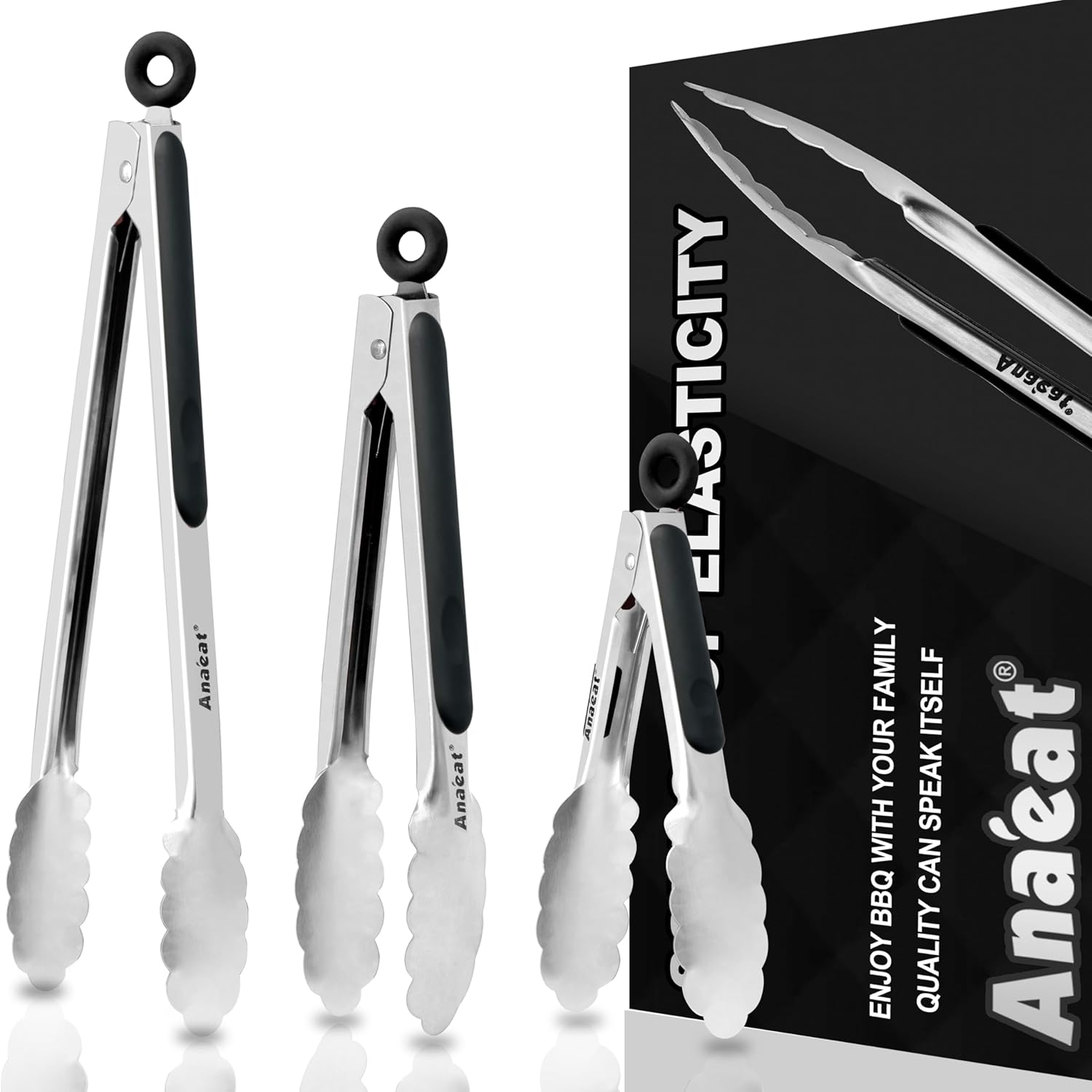 Premium Kitchen Locking Tong Set of 3 - Heavy Duty Stainless Steel Food Tongs with Long Handle & Non-Slip Silicone