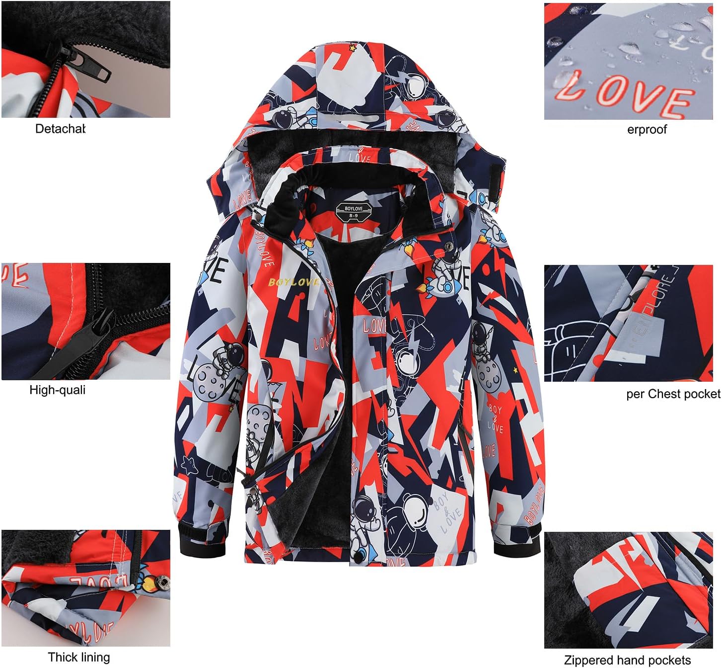 Boy's Ski Jackets Waterproof Winter Coat Fleece Windproof Snowboarding Jacket with Detachable Hood