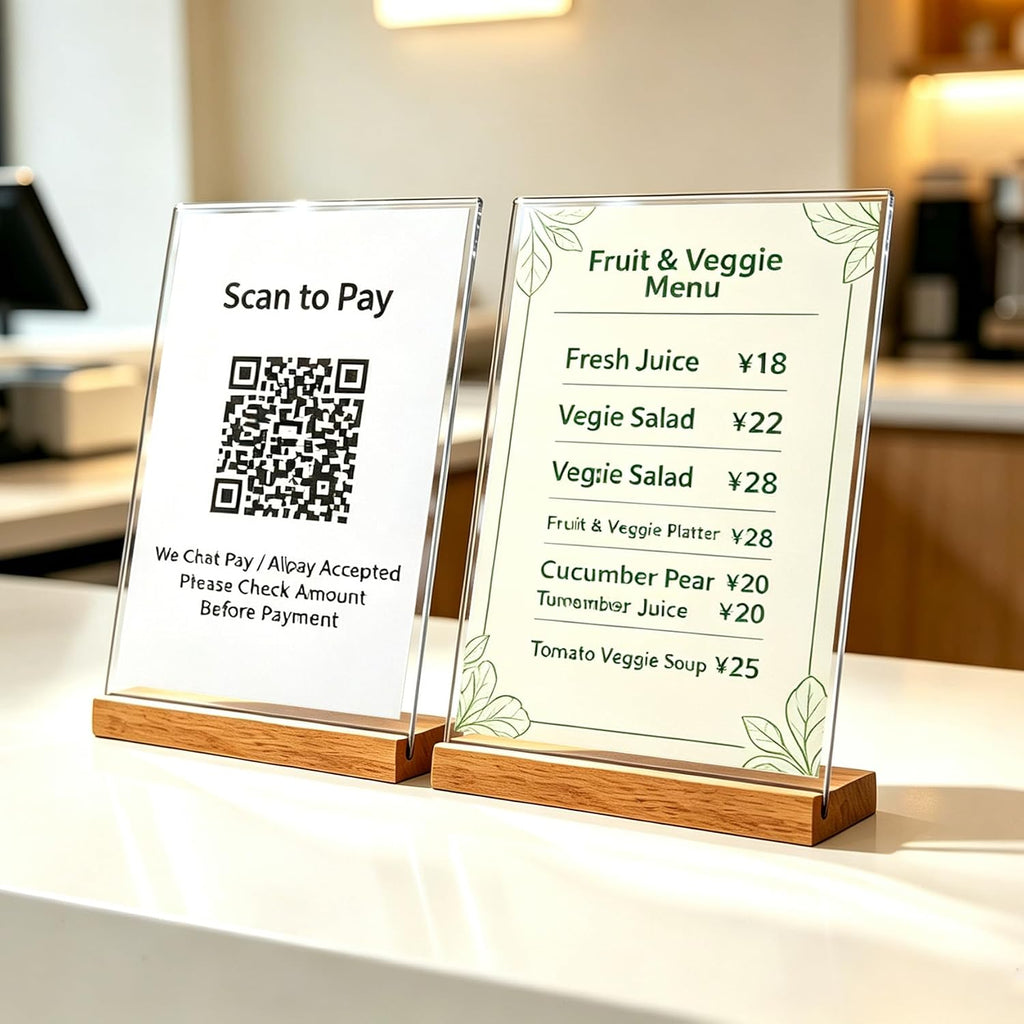 Acrylic Sign Holder with Wood Base, Dual Slot Design L/T Shape Tabletop Display Stand, Vertical Double-Sided & Slant