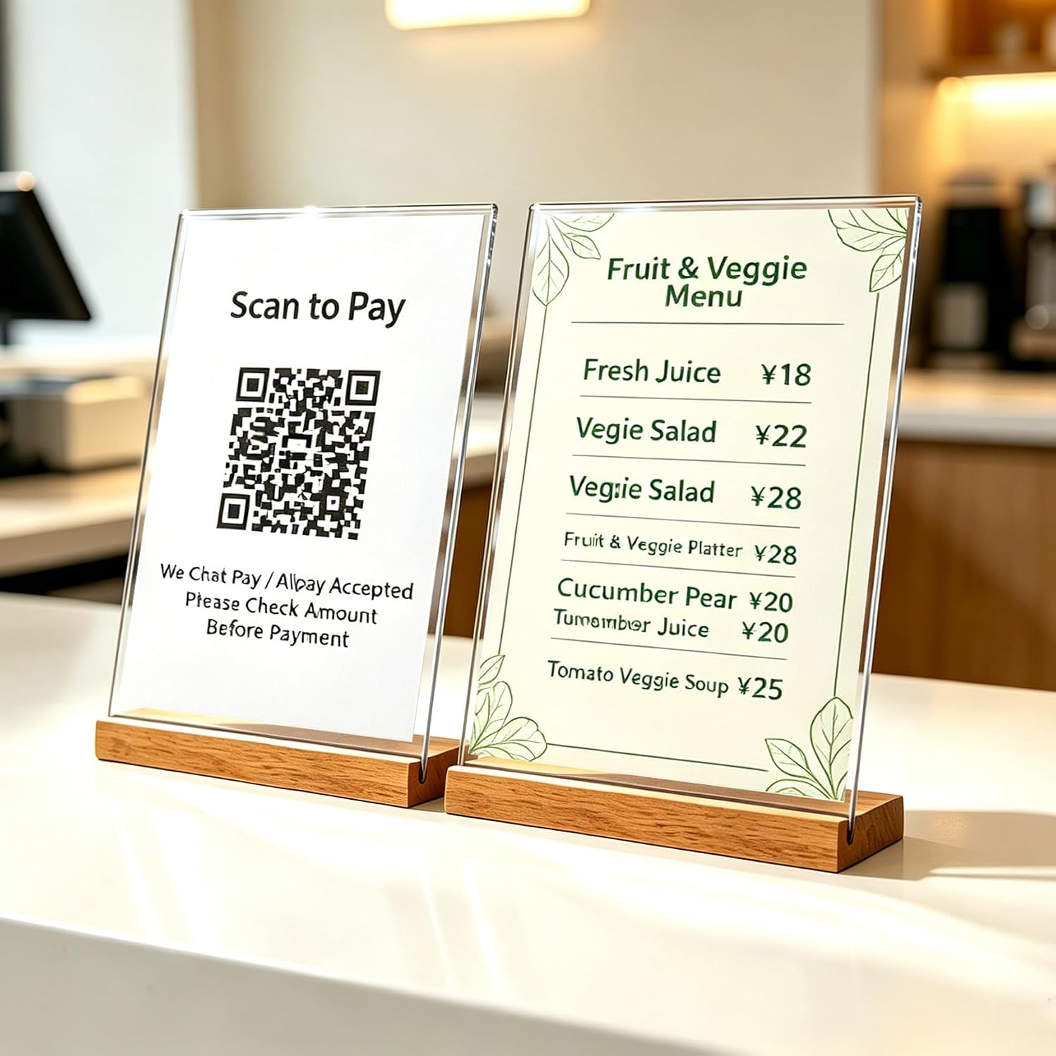 Acrylic Sign Holder with Wood Base, Dual Slot Design L/T Shape Tabletop Display Stand, Vertical Double-Sided & Slant
