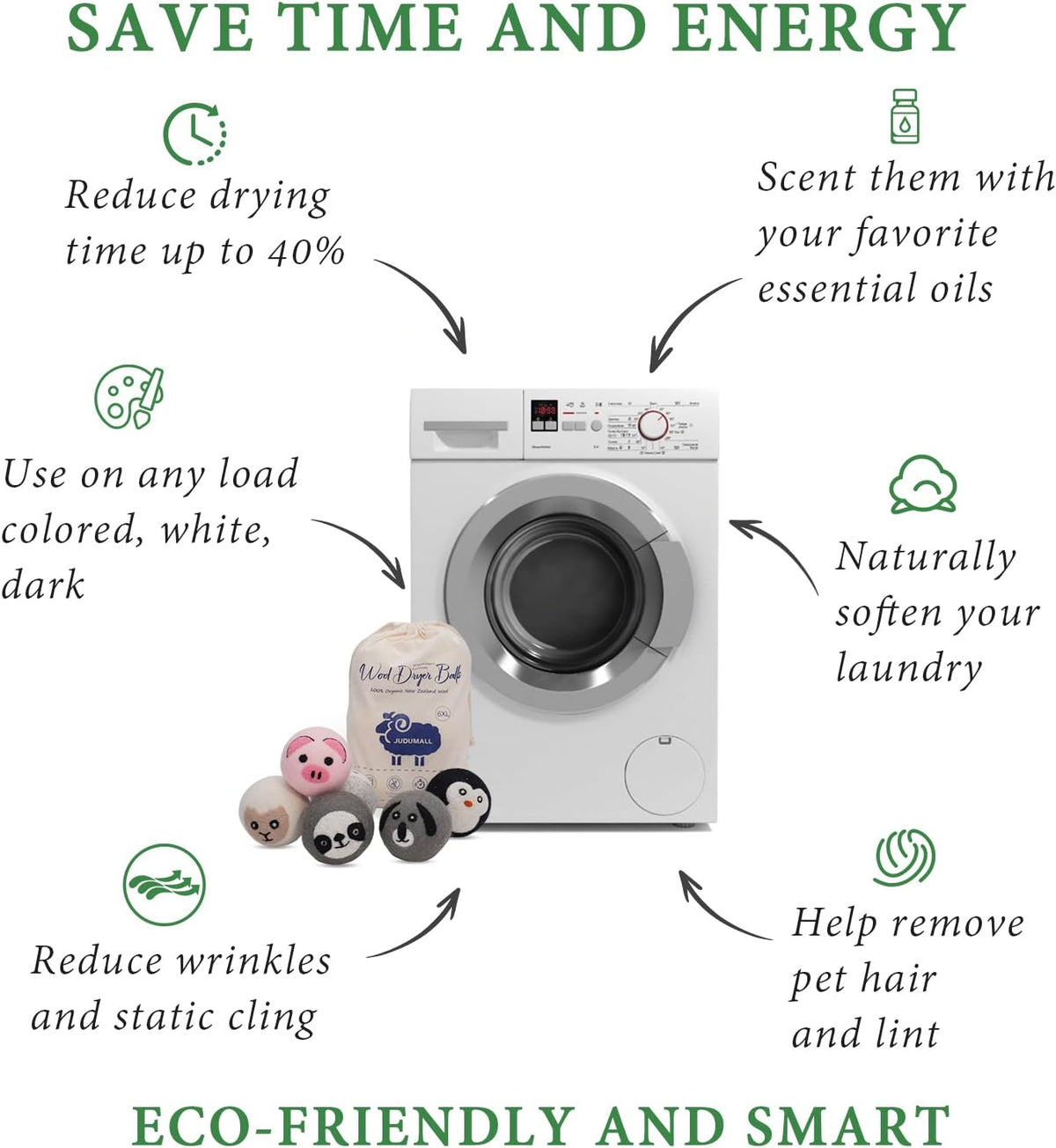 Wool Dryer Balls, XL 6-Pack, Cute Animal Fabric Softener