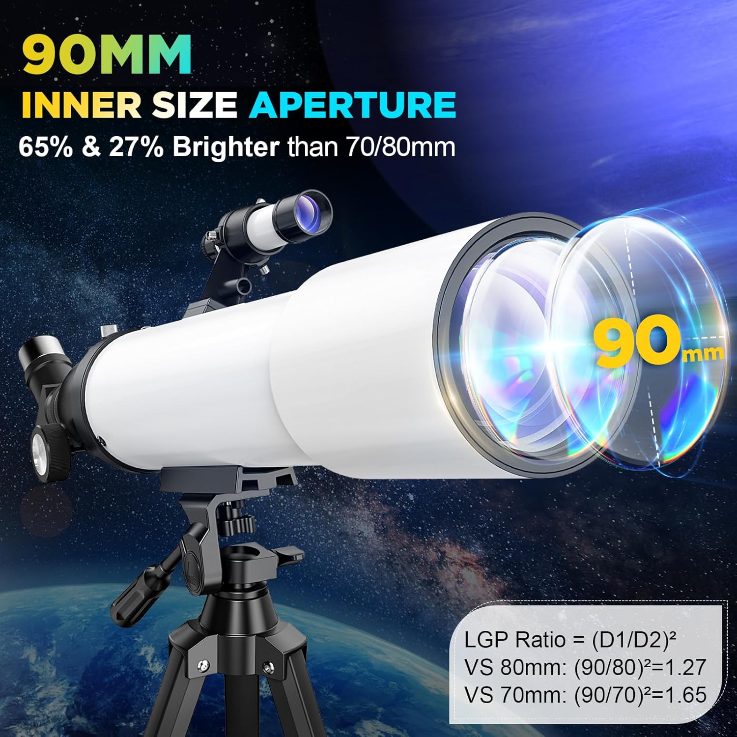 90mm Refractor Telescope for Adults & Kids: 150X Scope with 133cm Tripod | 90mm Large Aperture, Fully Multi-Coated