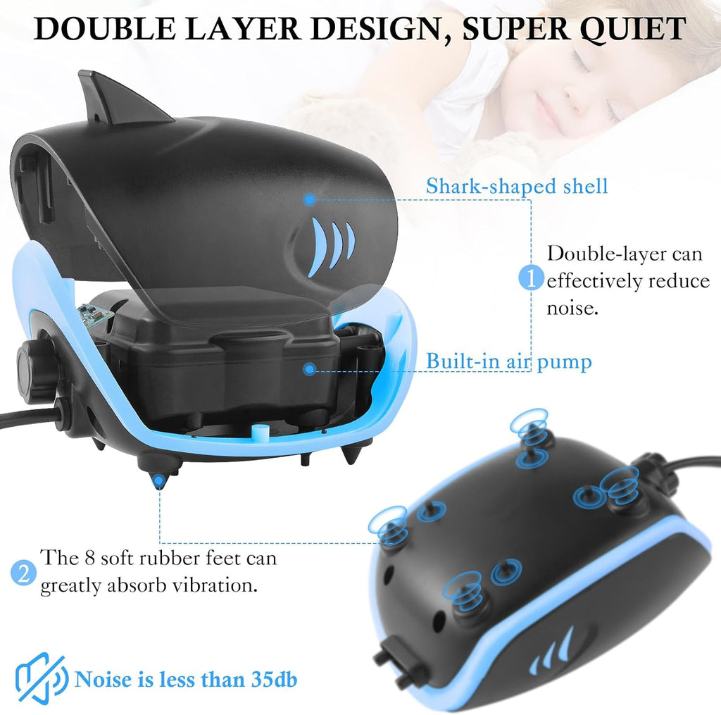 3W Quiet Aquarium Air Pump: 80GPH Adjustable Fish Tank Air Pump with Dual Output, Powerful Shark-Shaped Aquarium