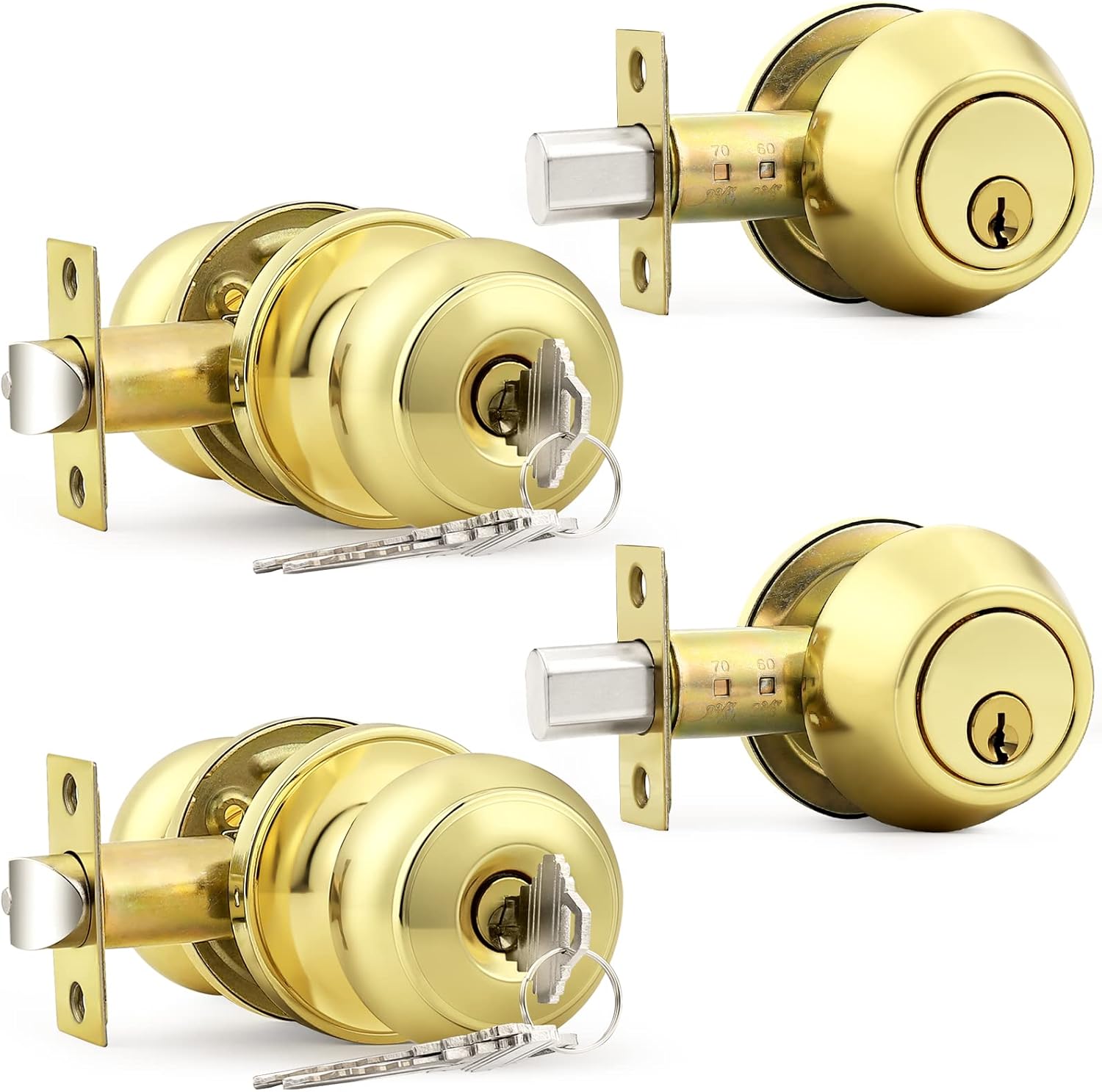 Keyed Entry Door Knobs Exterior Lockset and Single Cylinder Deadbolt Combination Set for Front Door, Polished Brass