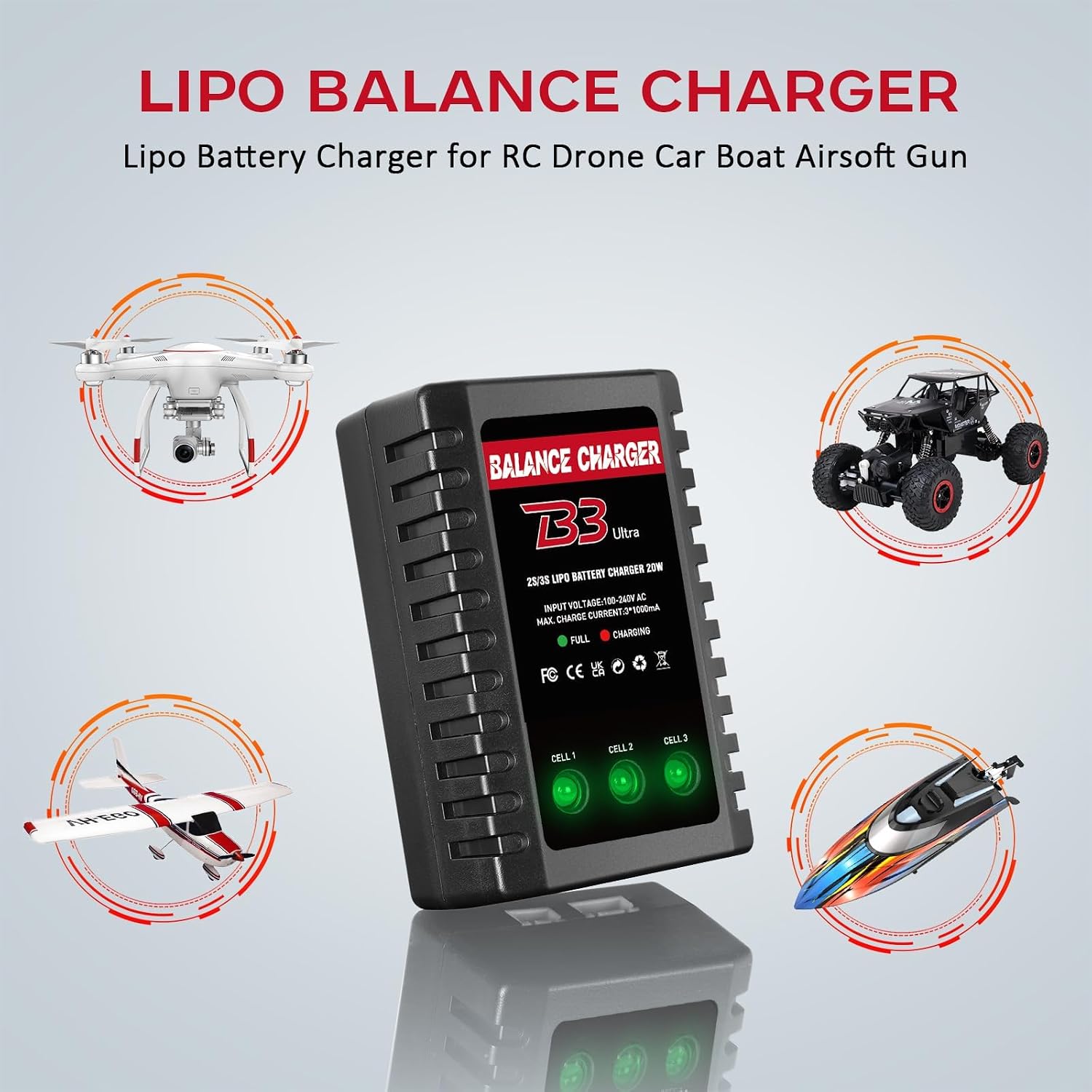 2S-3S LiPo Battery Charger, RC Balance Charger AC 7.4-11.1V Upgrade Version Compact RC Car Charger for XHR Plug Battery