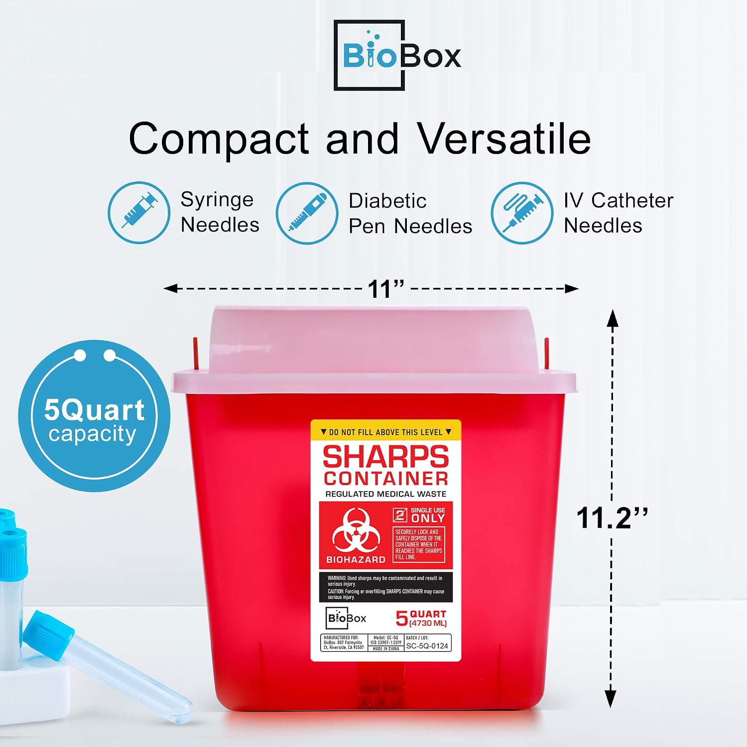 Sharps Container - Large Sharps Containers for Home Use, Needle Disposal | 5 Quart (Pack of 1), Wall Mount