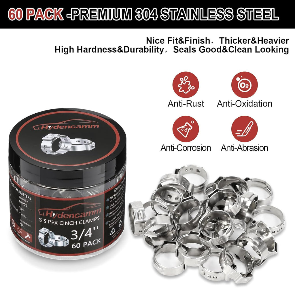 60 Pack 3/4 Inch PEX Crimp Rings, 304 Stainless Steel Pex Clamps