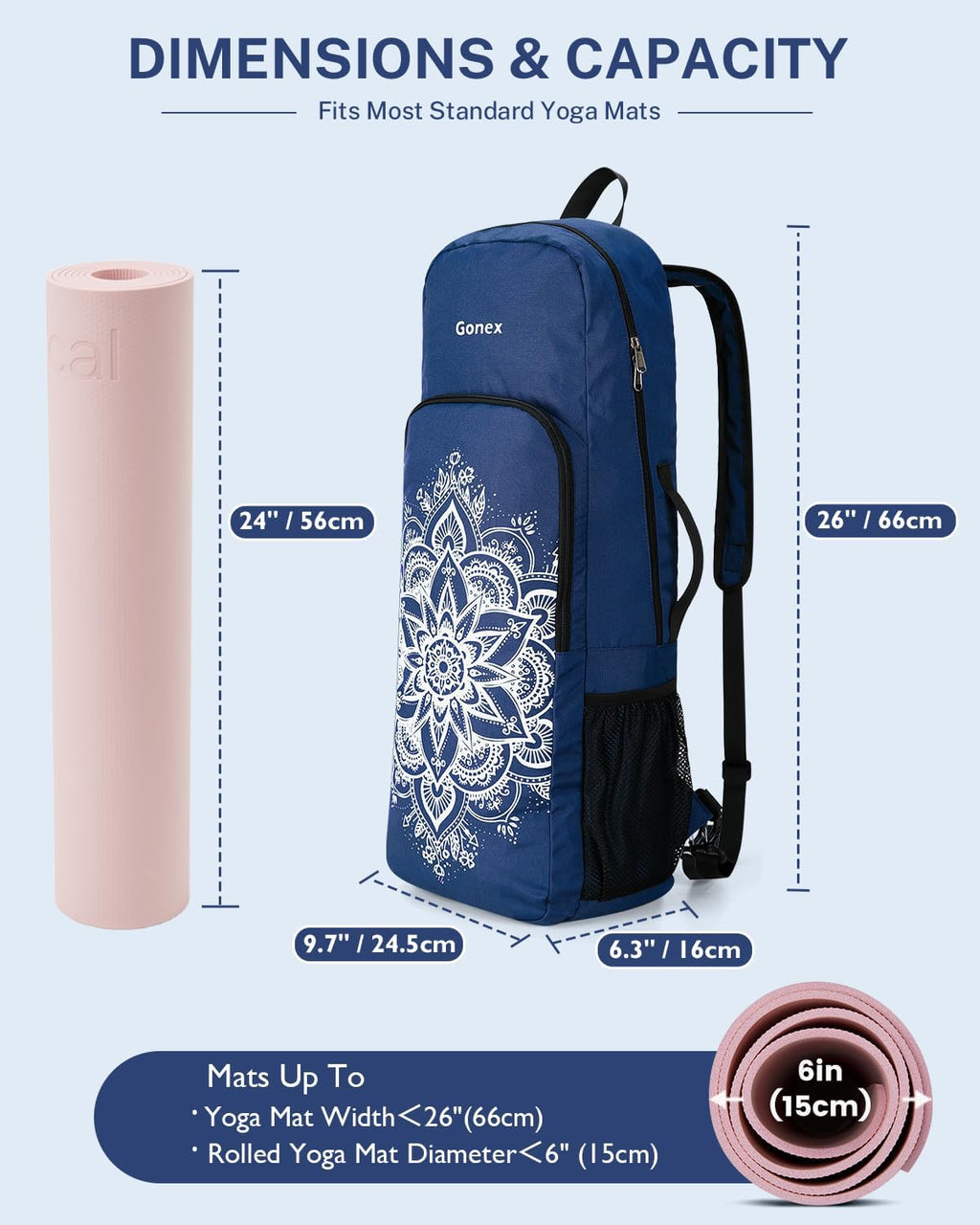 Yoga Mat Bag, 2 Carry Ways Yoga Backpack with Wet Compartment Metal Zippers for Women Men, Large Capacity Yoga Mat