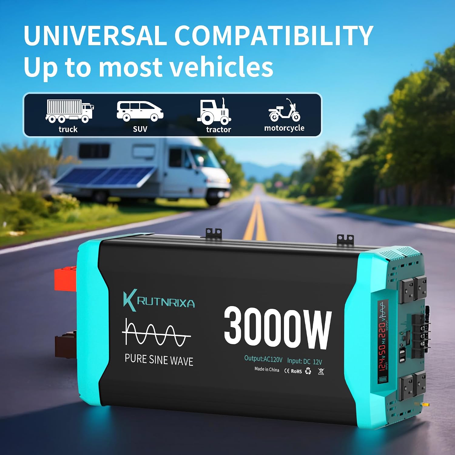 3000W Pure Sine Wave Inverter Peak 6000w 12V DC to 120V AC for RV, Truck, Off-Grid, Home, Solar Car Power Inverter