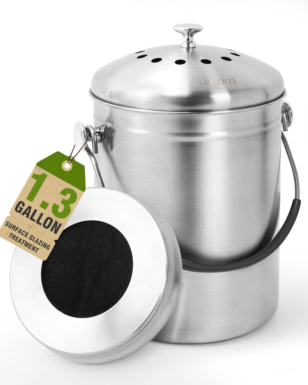 Countertop Compost Bin Kitchen Stainless Steel 1.3 Gallon | With Lid, 2 Charcoal Filter for Odorless Composting