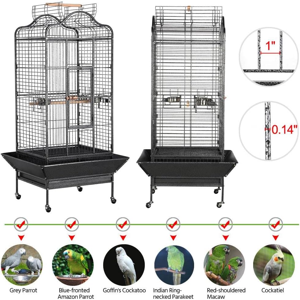 63'' Bird Cage with Stand Wrought Iron Rolling Open Play Top Large Bird Cage for Mini Macaw African Grey Amazon Parrot