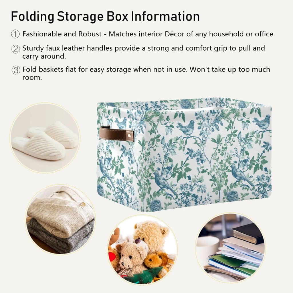Chinoiserie Flower Bird Canvas Basket Storage Bin with PU Handle