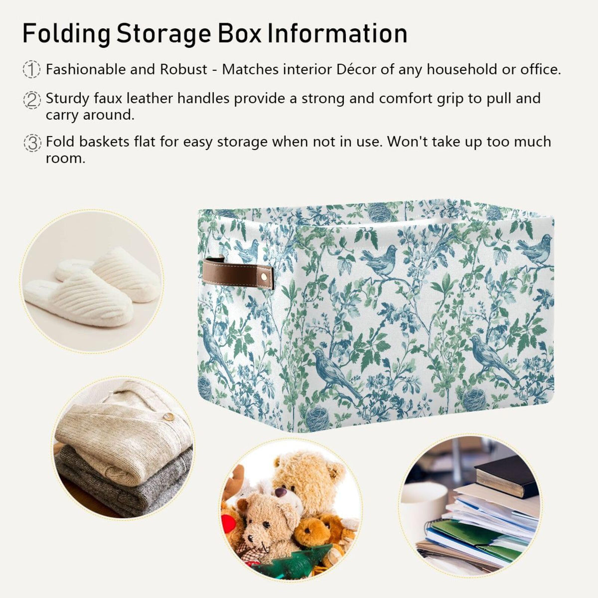 Chinoiserie Flower Bird Canvas Basket Storage Bin with PU Handle