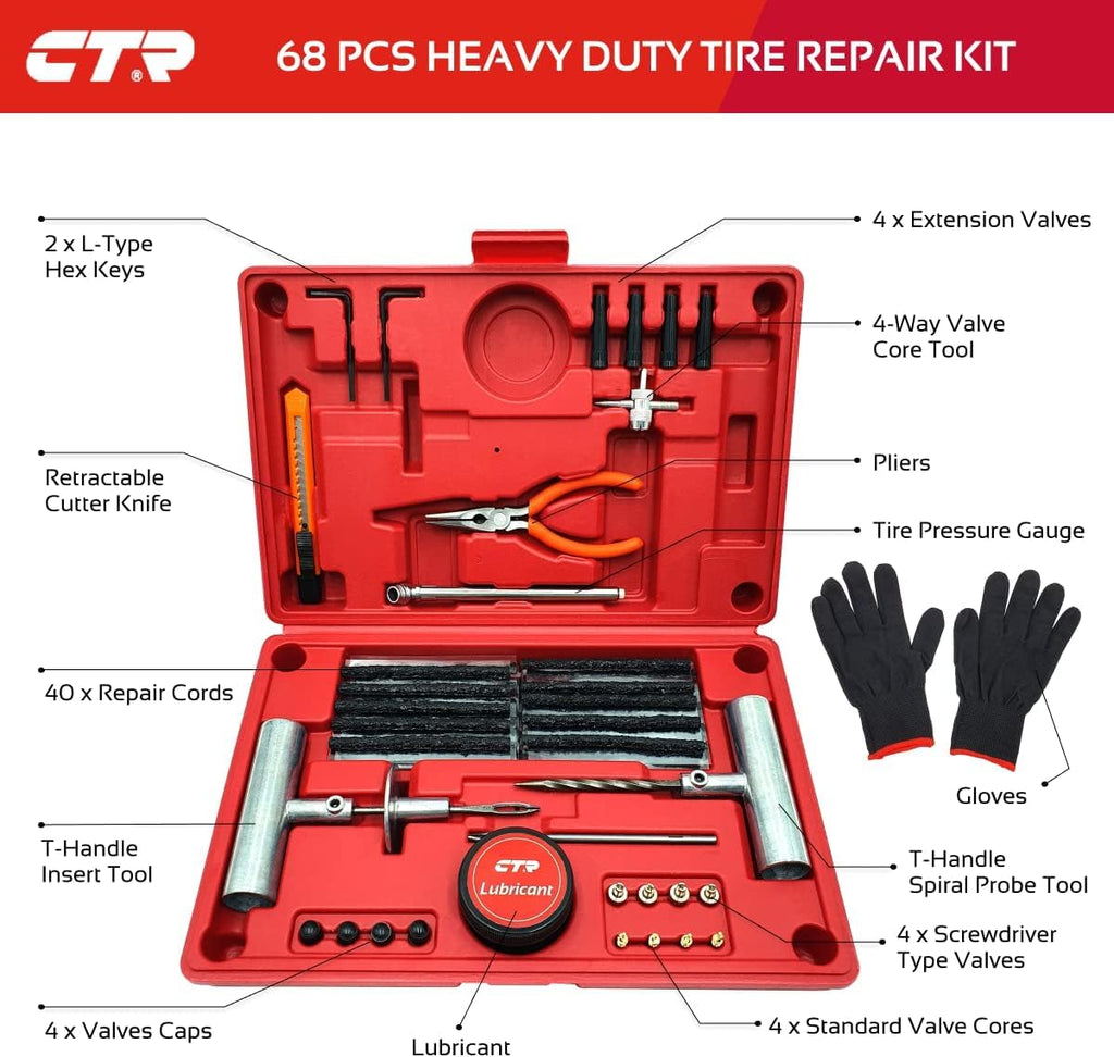 Heavy Duty Tire Plug Kit - 68pc Premium Flat Tire Repair Kit