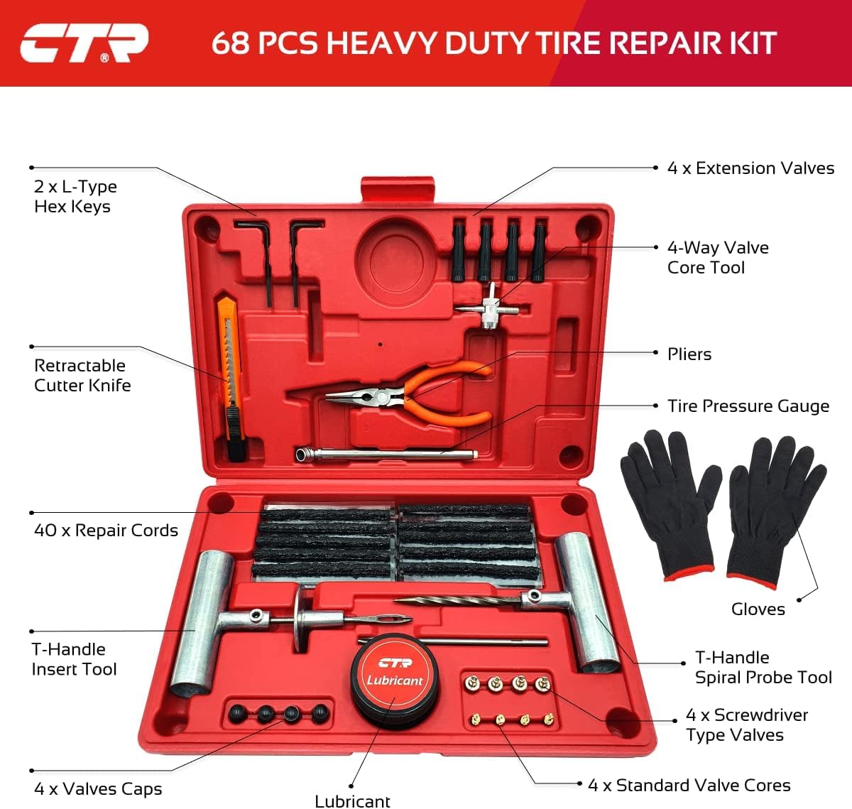 Heavy Duty Tire Plug Kit - 68pc Premium Flat Tire Repair Kit