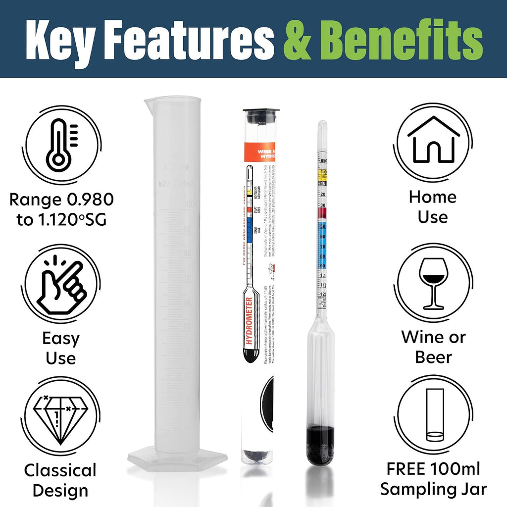 Hydrometer for Wine Making with 100 MM Hydrometer Alcohol Test Jar - Specific Gravity Hydrometer for Wine and Beer