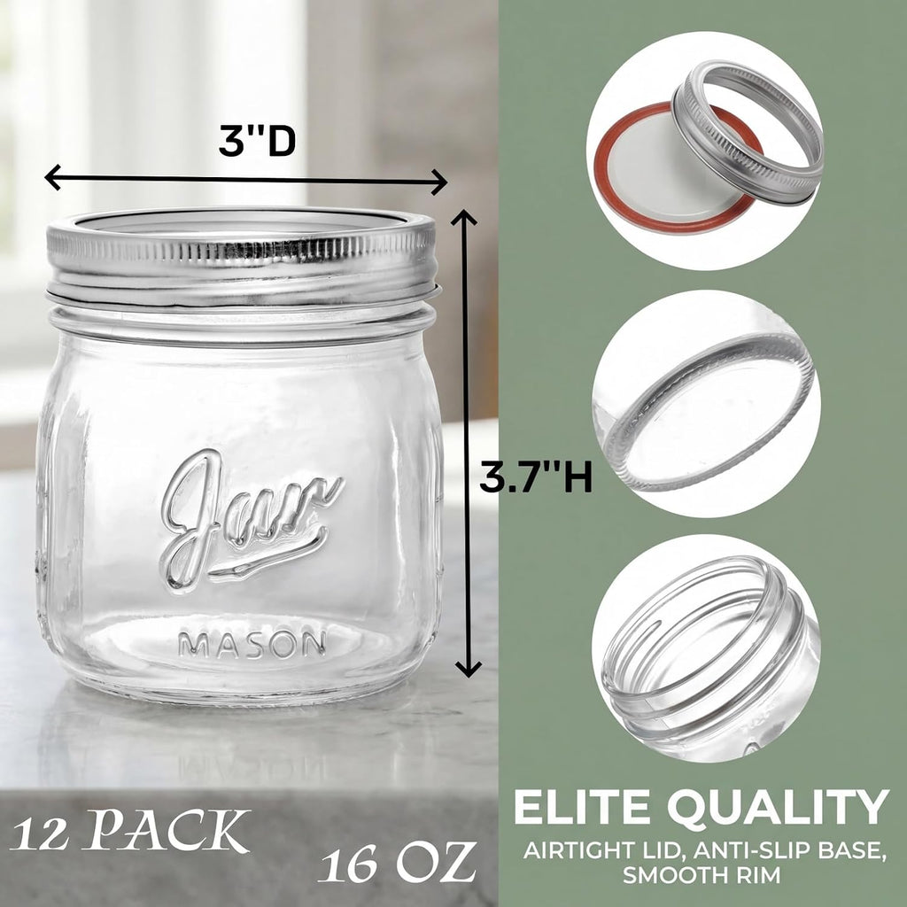 12 Pack Wide Mouth Mason Jars, 16 Oz Short Glass Canning Jar